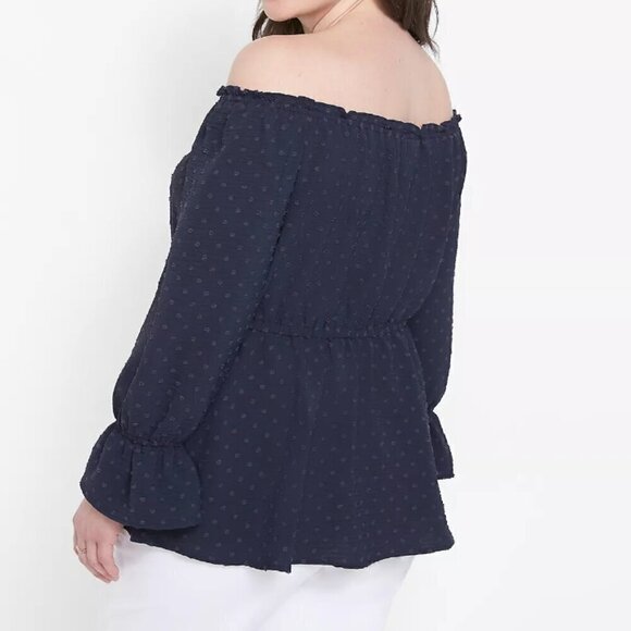 Lane Bryant Women's Size 18/20 Navy Blue Swiss Dot Off the Shoulder Peasant Top - Picture 2 of 11
